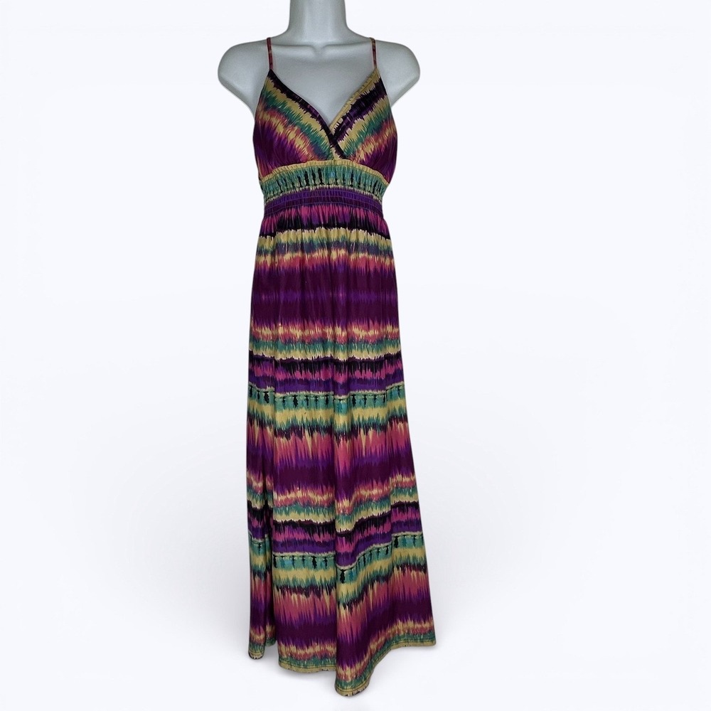 Shes Cool Boho Tie Dye Babydoll Maxi Dress Smocked Boho Festival Stretch Sz M
